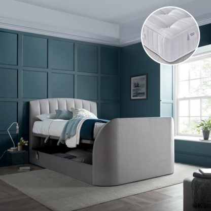 432ce5e06a0c671aac525f0ace33ccea8d4d0468f672a1b4cc2004e38fed9776.jpg An Image of Flintstone/Super Ortho - Double - Ottoman Storage TV Bed and Open Coil Spring Reflex Foam Orthopaedic Mattress Included - Light Grey/White - Velvet/Fabric - 4ft6 - Happy Beds