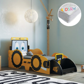 An Image of JCB - Toddler - Novelty JCB Digger Toddler Bed and Pocket Spring Mattress Included - Yellow/White - Wooden/Fabric - 70 x 140cm - Happy Beds