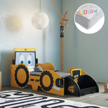 An Image of JCB - Toddler - Novelty JCB Digger Toddler Bed and Pocket Spring Mattress Included - Yellow/White - Wooden/Fabric - 70 x 140cm - Happy Beds