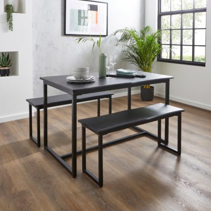 An Image of Ronan Wave Edge Dining Table and Bench Set Rustic Oak Effect