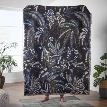 An Image of Jacquard Leaf Tapesty Throw Black Black