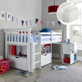 An Image of Milo/Theo - Single - Mid Sleeper Cabin Bed with Storage and Pull-Out Desk and 2 Pocket Spring Mattresses Included - White - Wooden/Fabric - 3ft - Happy Beds