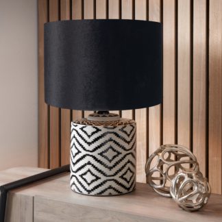 An Image of Chirala Ikat Ceramic Table Lamp with 35cm Velvet Cylinder Shade Black