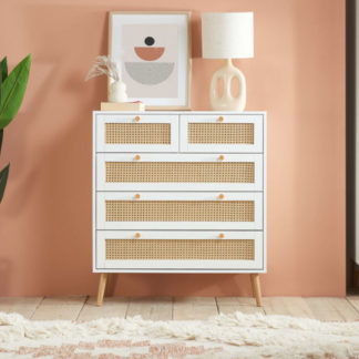 An Image of Croxley 5 Drawer Chest of Drawers - White - Rattan - Wooden