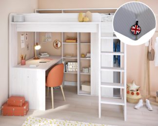 An Image of Higher/Sleeptight - European Single - High Sleeper Bed with Built-in Desk, Wardrobe and Storage and Memory Foam Mattress Included - White - Wooden/Fabric - 3ft - Happy Beds