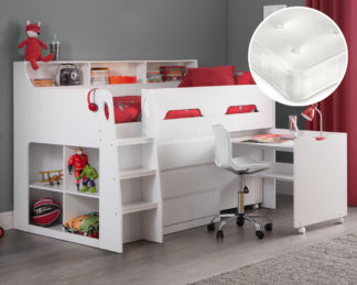 An Image of Jupiter/Clay - Single - Mid Sleeper Cabin Bed with Storage and Pull-Out Desk and Open Coil Spring Orthopaedic Mattress Included - White - Wooden/Fabric - 3ft - Happy Beds