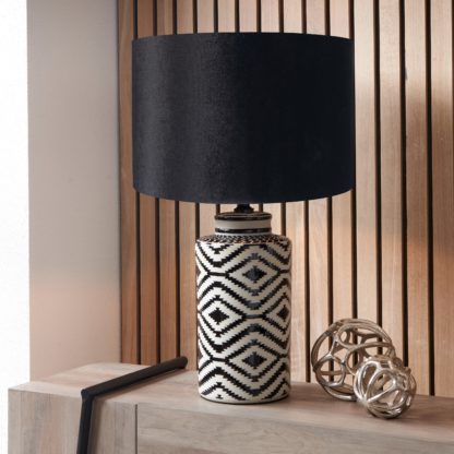 An Image of Chirala Tall Ikat Ceramic Table Lamp with 40cm Velvet Cylinder Shade Black