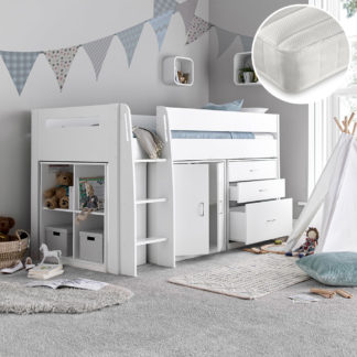 An Image of Lacy/Noah - Single - Mid Sleeper with Storage and Open Coil Spring Memory Foam Mattress Included - White - Wooden/Fabric - 3ft - Happy Beds