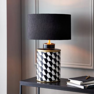 An Image of Victor Geometric Hand Painted Table Lamp with 35cm Stellan Slubbed Silk Shade Black and white