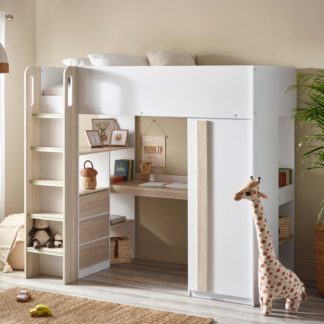 An Image of Ocean - Single – Storage High Sleeper with Drawers, Shelves, Desk and Wardrobe – Pale Wood/White - Wooden - 3ft