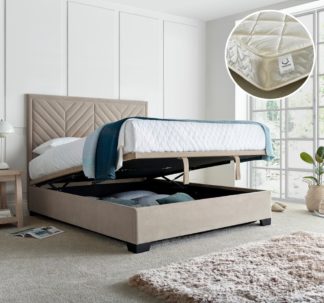An Image of Watson/Eclipse - Double - Ottoman Storage Bed and 800 Pocket Sprung Quilted Mattress Included - Warm Stone/White - Velvet/Fabric - 4ft6 - Happy Beds