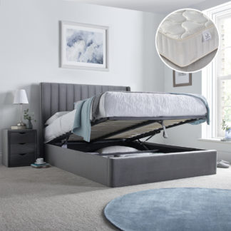 An Image of Harper/Pinerest - King Size - Ottoman Storage Bed and Open Coil Spring Padded Mattress Included - Grey/White - Velvet/Fabric - 5ft - Happy Beds