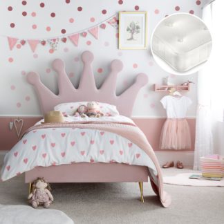 An Image of Princess/Clay - Single - Novelty Low Foot-End Kids Bed and Open Coil Spring Orthopaedic Mattress Included - Pink/White - Velvet/Fabric - 3ft - Happy Beds
