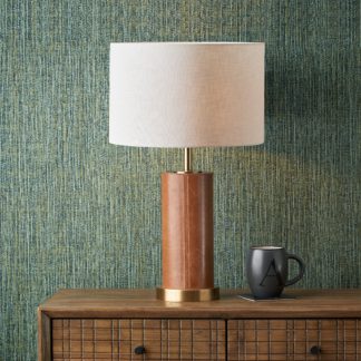 An Image of Laurence Tan Leather and Brass Cylindrical Table Lamp with 35cm Linen Drum Shade Tan