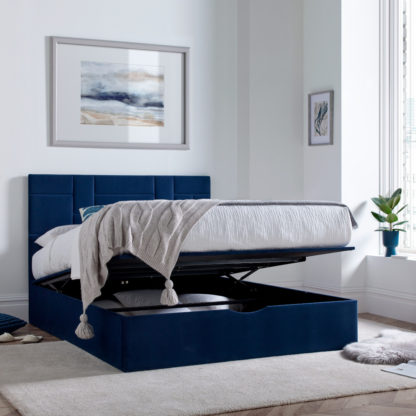 e72657b4675b57f237651c9ebd386b1387ea054237e33c573830666257bc7e3a.jpg An Image of Hagen - Double - Ottoman Storage Bed - Blue - Velvet - 4ft6 – Happy Beds