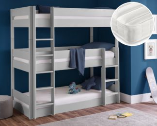 An Image of Trio/Ethan - Single - Triple Bunk Bed and 3 Open Coil Spring Mattresses Included - Dove Grey/White - Wooden/Fabric - 3ft - Happy Beds