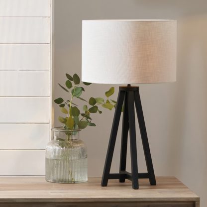 An Image of Whitby Wood Tapered 4 Post Table Lamp with 35cm Linen Drum Shade Natural
