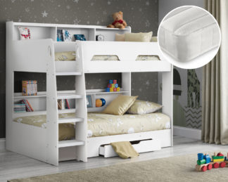 An Image of Orion/Noah - Single - Bunk Bed with Storage and Open Coil Spring Memory Foam Mattress Included - White - Wooden/Fabric - 3ft - Happy Beds