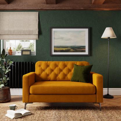 An Image of Jacob Velvet Buttoned Compact 2 Seater Sofa Amber