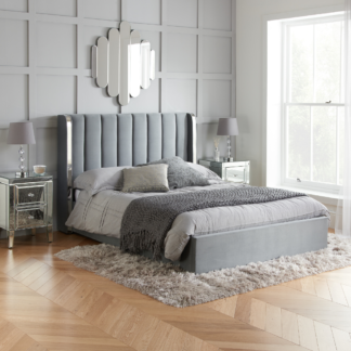 An Image of Wilmslow - Double – Ottoman Storage Winged Bed Frame – Grey/Silver - Velvet - 4ft6 – Happy Beds