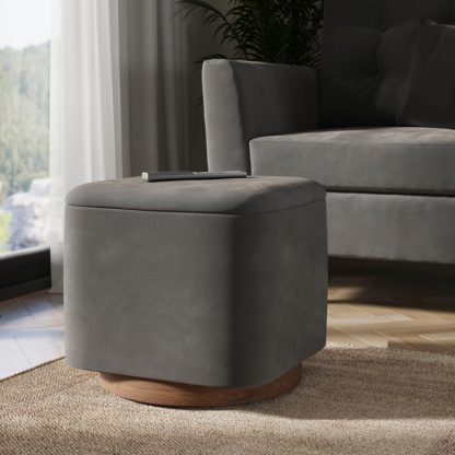 An Image of Nia Square Velvet Footstool, Charcoal Charcoal