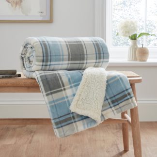 An Image of Printed Check Sherpa Throw, 130x180cm Duck Egg (Blue)