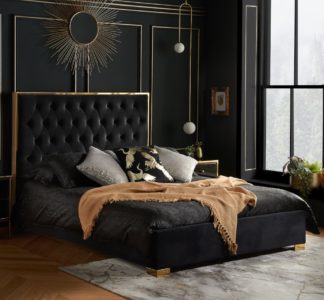 An Image of Chelsea - King Size – Low Foot-End Bed Frame – Black/Gold - Velvet - 5ft – Happy Beds