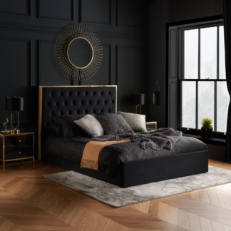 An Image of Walton - King Size – Ottoman Storage Bed Frame – Black/Gold - Velvet - 5ft – Happy Beds