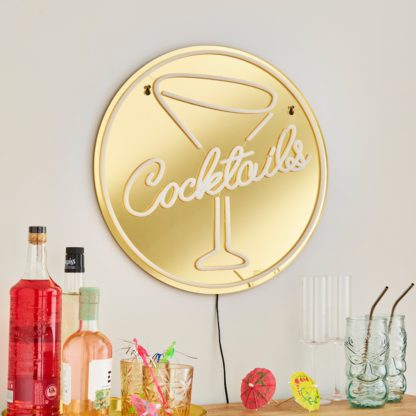 An Image of Cocktail Indoor Outdoor Mirrored Neon Sign Gold