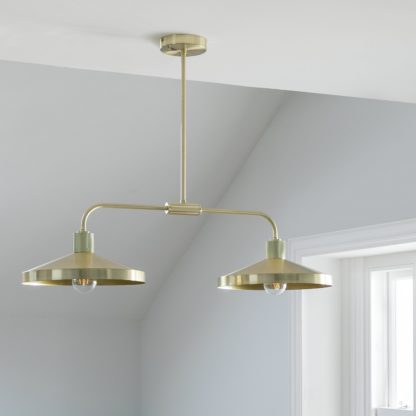 An Image of Habitat Cone Metal 2 Light Pendant Bar Light - Brass