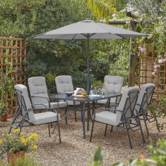 An Image of Rowly 6 Seater Garden Dining Set with Parasol - Grey