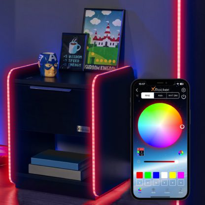 An Image of Electra Bedside Table with Wireless Charging and LED Lights Black