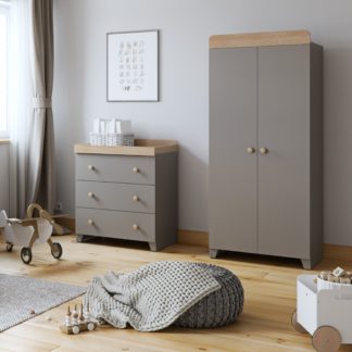 An Image of Little Acorns Classic Oak Effect 3 Drawer Chest and Wardrobe Nursery Set Grey