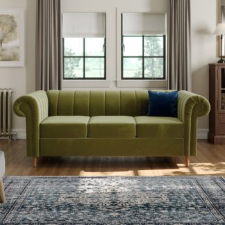 An Image of Chesterfield Velvet 3 Seater Sofa Olive