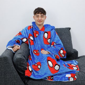 An Image of Hugzee Spiderman Blue Fleece Hooded Blanket - Medium