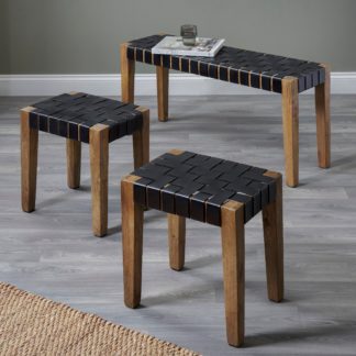 An Image of Pacific Claudio Leather Bench and Stools Set, Mango Wood Brown