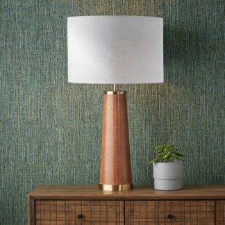 An Image of Laurence Tan Leather Brass Table Lamp with 40cm Linen Drum Shade Tan