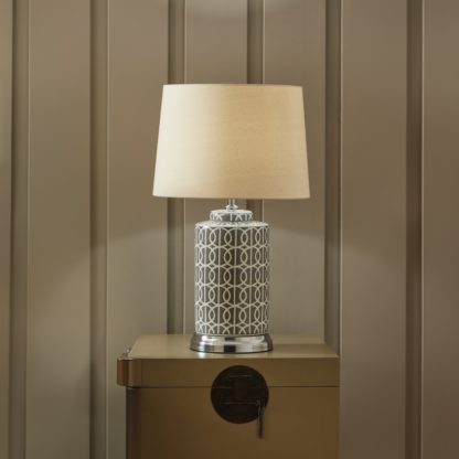 An Image of Aris Grey and White Geo Pattern Table Lamp Grey