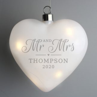 An Image of Personalised Mr and Mrs LED Hanging Glass Heart White