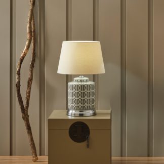An Image of Aris Grey and White Geo Pattern Table Lamp Grey