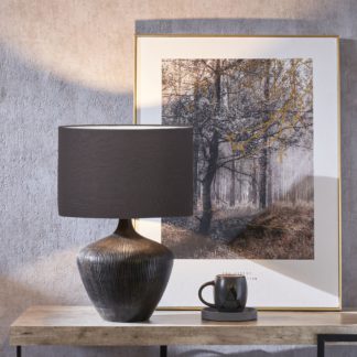 An Image of Manaia Textured Wood Table Lamp with Henry Handloom Cylinder Shade Black