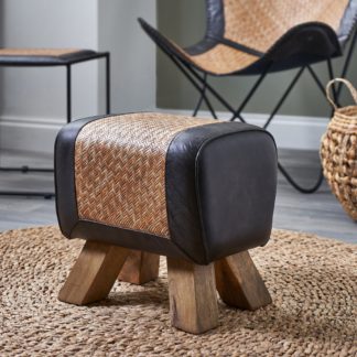 An Image of Pommello Leather and Rattan Stool Black