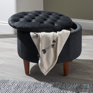 An Image of Alena Velvet Buttoned Pouffe Black