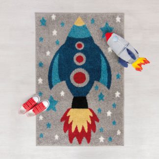 An Image of Space Rocket Rug Grey, Blue and Red