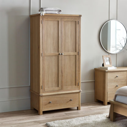 fff0b27fcf1e9943d5fb2df35767ce5ac0c71a7ddc53c445819857ccf79777af.jpg An Image of Memphis - 2 Door 1 Drawer Combination Wardrobe - Limed Oak - Wooden - Happy Beds