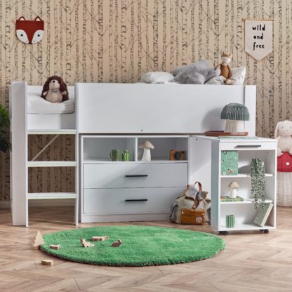 An Image of Otis - Single - Midsleeper with Drawers and Pull-Out Desk - White - Wooden - 3ft - Happy Beds