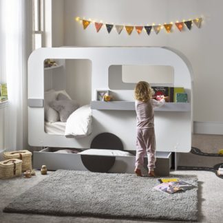 An Image of Tourer - Single - Caravan Shaped Kids Bed with Shelving and Underbed Drawer - Grey/White - Wooden - 3ft - Happy Beds