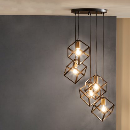 An Image of Alessio Matt Black Metal 5 Light Cluster Ceiling Light Matt Black