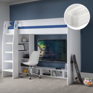 An Image of Nebula/Theo - Single - High Sleeper Bed with Built-in Desk and Storage and Pocket Spring Mattress Included - White - Wooden/Fabric - 3ft - Happy Beds