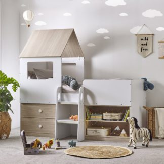 An Image of Orpheus - Single - House-Themed Midsleeper with Drawers and Shelving - Pale Wood and White - Wooden - 3ft - Happy Beds